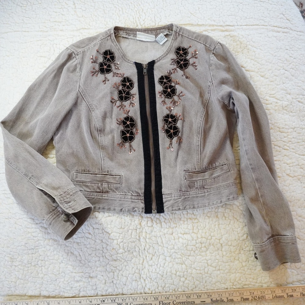 VTG Jeanology Women Brown Denim Jacket Embellished Flowers Sequins Size 16